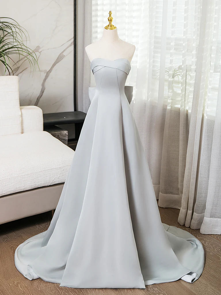 Wholesale A-Line Sweetheart Neck Satin Gray Long Prom Dress Gray Long Formal Dress gowns evening dresses 